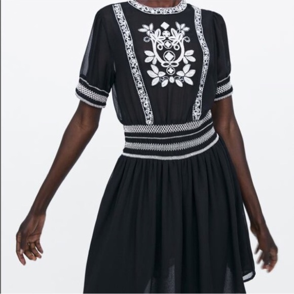 ZARA Embroidered Sheer Black Mini Dress Women’s Babydoll Style Size Medium - Picture 11 of 11